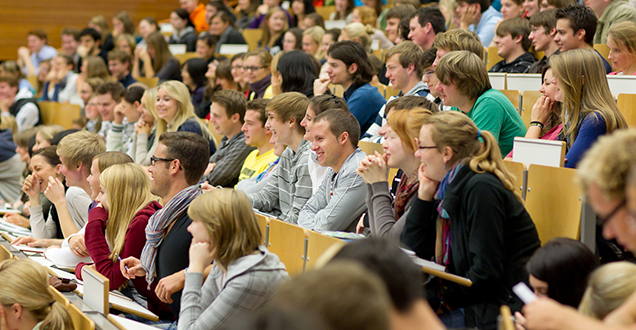 Student life in Heidelberg. (Photo Credit: Heidelberg University) Students sitting in auditory.
