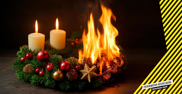 Brennender Adventskranz Ein Adventskranz, der auf der rechten Seite Feuer gefangen hat