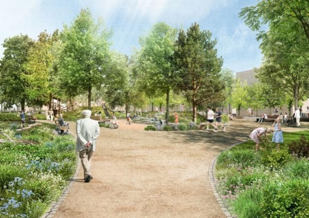 Die Visualisierung zeigt: Der neue Hospital-Park soll laut der Planung viele naturnah gestaltete Bereiche erhalten, die von Bäumen beschattet werden und zahlreiche Sitzgelegenheiten bieten. (Foto: Landschaftsarchitekturbüro Setup) Visualisierung eines grünen Parks mit Bäumen und mit breiten Sandwegen