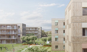 Die Stadt setzt sich für eine Qualität des Ankunftszentrums beispielsweise mit Holzbauten in dieser Art auf den Wolfsgärten ein (Visualisierung: Schreiner Kastler/Johannes Kaufmann Architektur) Eine Visualisierung des Ankunftszentrums am Standort Wolfsgärten