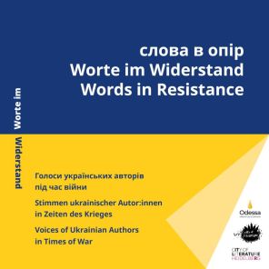 Cover of the campaign "Words in Resistance. Voices of Ukrainian Authors in Times of War" Title "Words in Resistance. Voices of Ukrainian Authors in Times of War" on Ukrainian flag